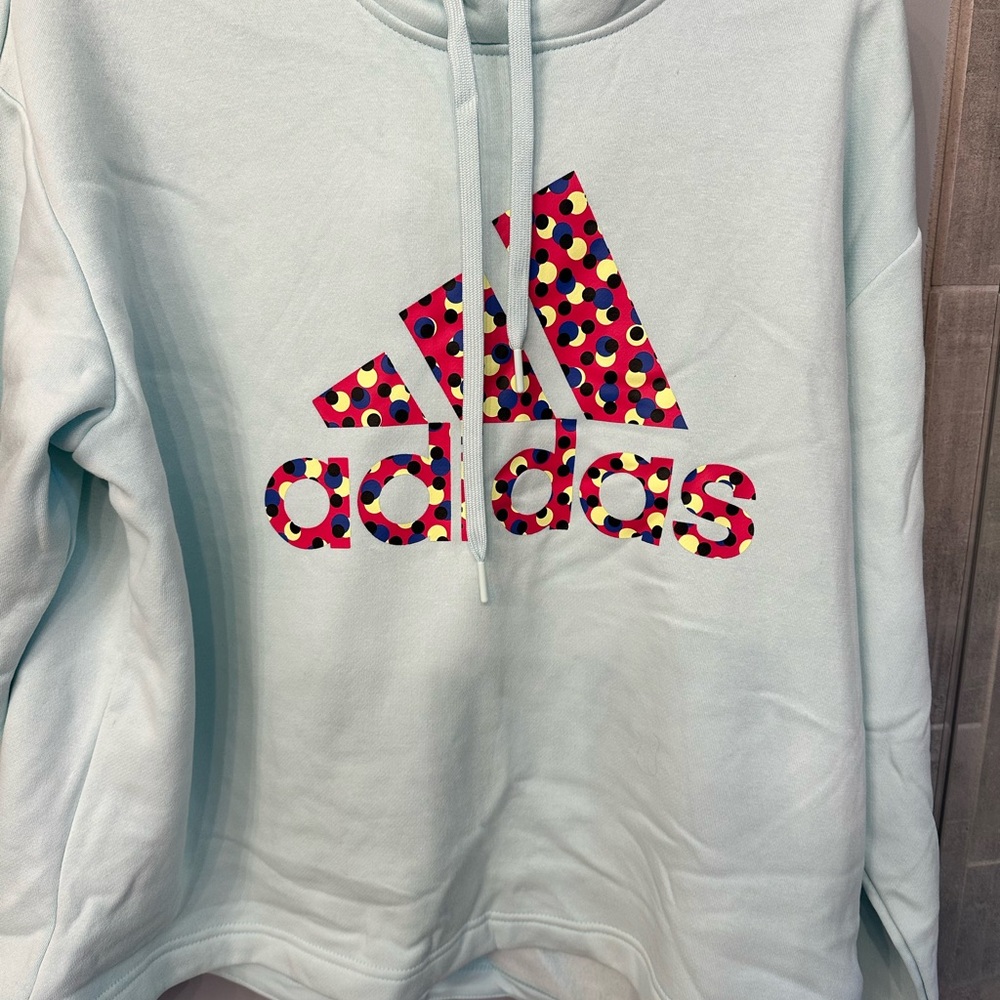 Adidas Light Blue Hoodie with Colorful Logo